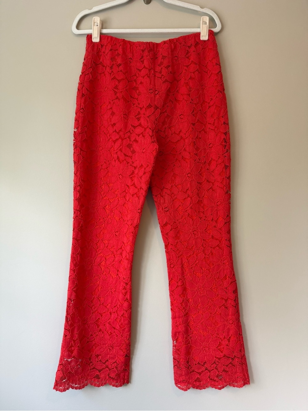 Free People Red Lace Flare Pants Crochet Scalloped Hem Elastic Waist | M